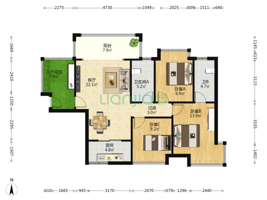 金都二期 3室1厅2卫 107平方