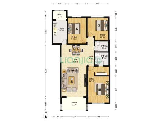 中粮祥云国际生活区南区 3室1厅2卫 143平方