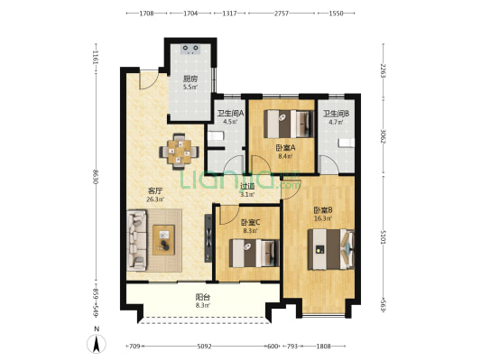 远洋未央华府 3室1厅2卫 112平方