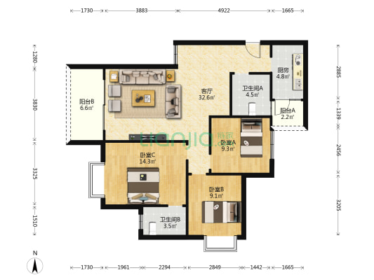 渔龙半湾C区 3室1厅2卫 107平方