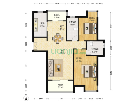 万源城朗郡 2室2厅2卫 122平方