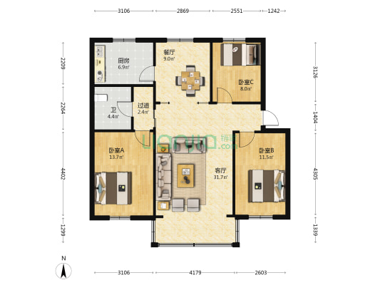 春瑞小区 3室2厅1卫 92平方