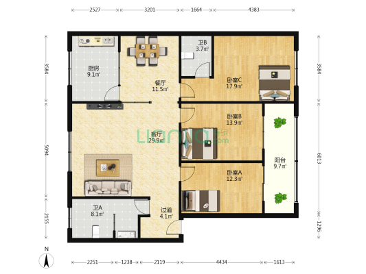 第一食品厂家属院 3室2厅2卫 142平方