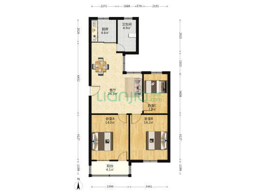 大洋小区 3室1厅1卫 90平方