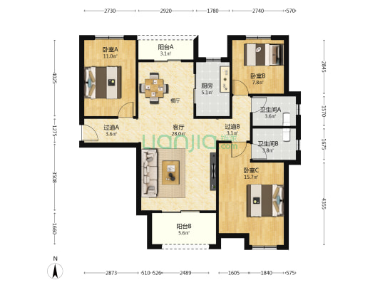 汉北怡景园 3室1厅2卫 123平方