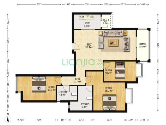 高雅湾 3室1厅2卫 135平方