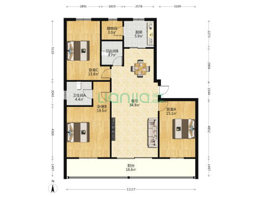 广场新天地 3室1厅2卫 137平方