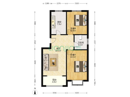 东方花园 2室1厅1卫 83平方