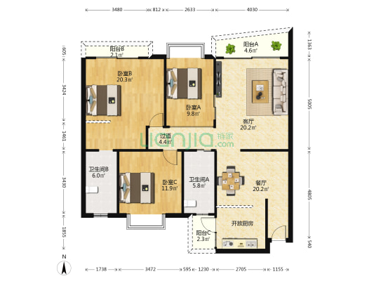 左岸青园 3室2厅2卫 131平方