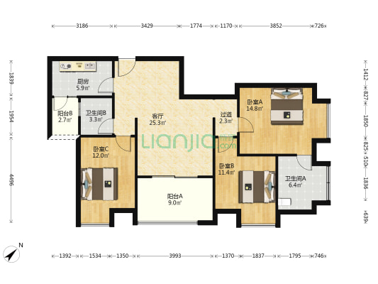 竞发岩湾六十九号 3室1厅2卫 113平方