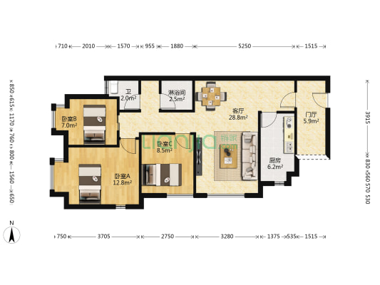 万科金色城品 3室1厅2卫 87平方