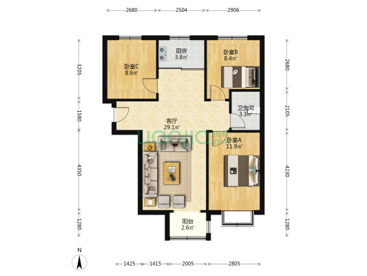 中间楼层 采光充足 视野开阔  毛坯房可随意装修-户型图