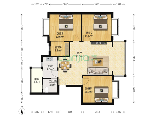 安信家园一期 4室1厅1卫 105平方