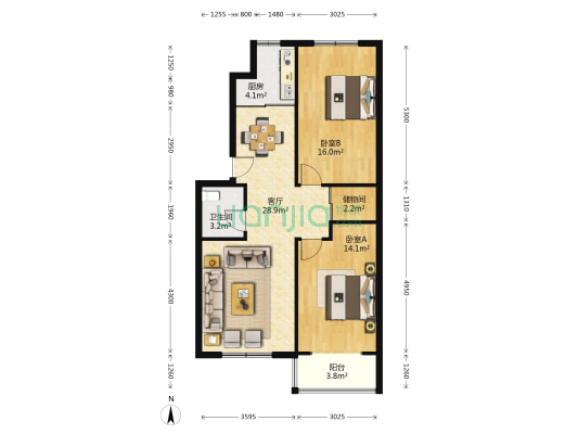 华龙苑 2室1厅1卫 92平方