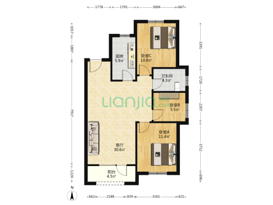 绿地新里罗斯福公馆 3室1厅1卫 97平方