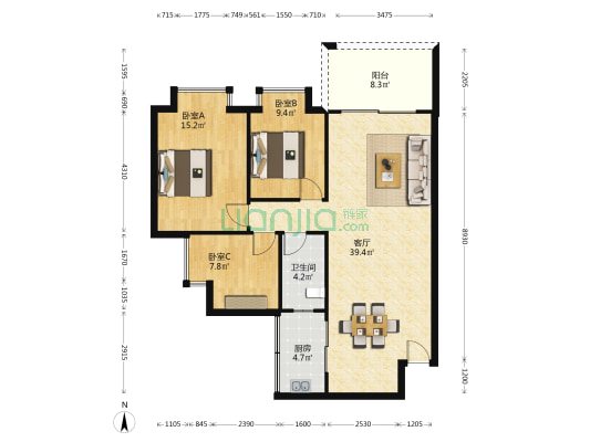 康盈商贸广场 3室1厅1卫 98平方