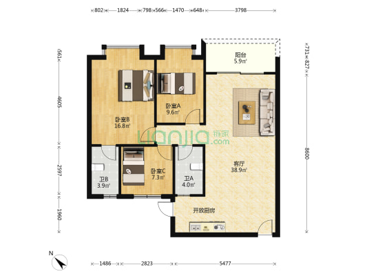君汇豪庭二期 3室1厅2卫 97平方