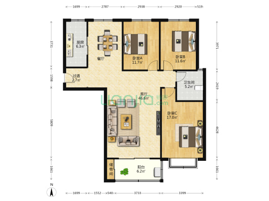 宝鼎枫景小区 3室1厅1卫 142平方