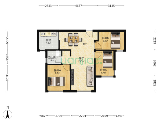 保利国贸沁原 3室1厅1卫 79平方