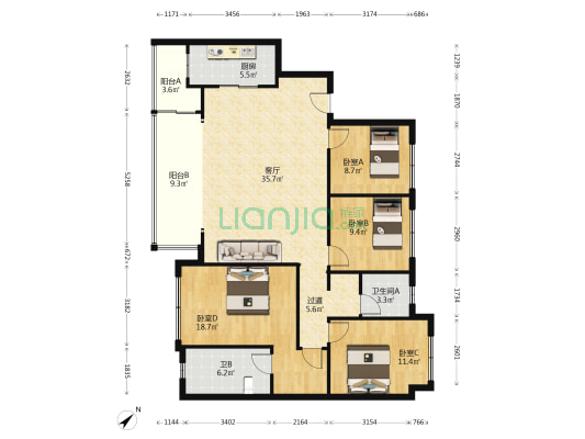 正黄翡翠堂 4室1厅2卫 134平方