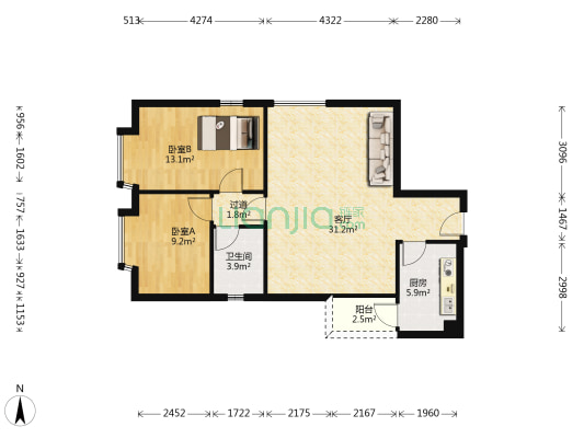骏汇大厦 2室1厅1卫 88平方