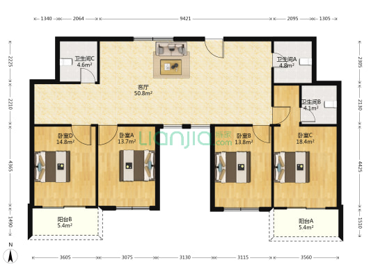迎潮大厦 4室1厅3卫 175平方
