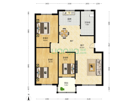 外商居住區 3室1厅1卫 125平方