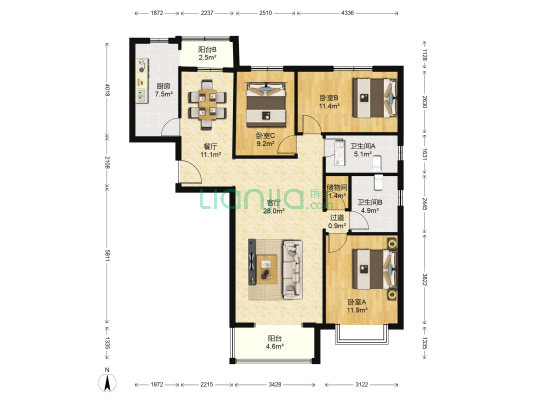 政馨园三区 3室2厅2卫 133平方