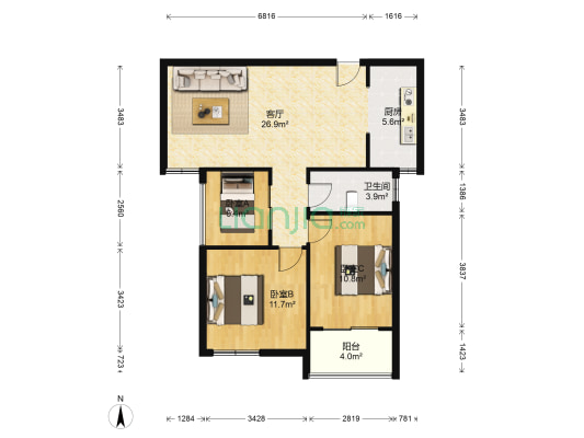 汇润地产百合佳苑南区 3室1厅1卫 90平方