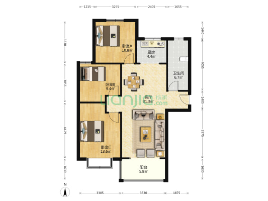 君泰花园 3室1厅1卫 115平方