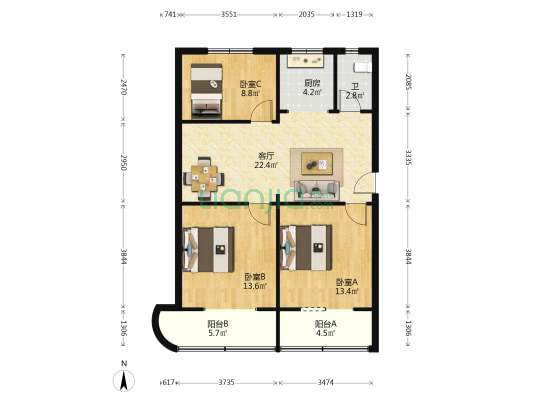 一环路北三段163号院 3室1厅1卫 91平方