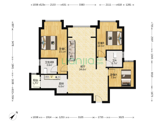 龙湖春江天镜御江 3室1厅2卫 105平方