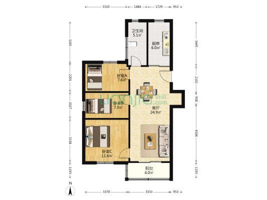 盐中巷1号 3室1厅1卫 86平方