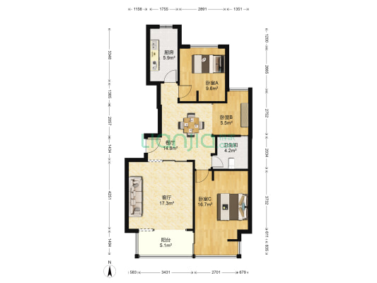 中环一号(一期) 3室2厅1卫 100平方