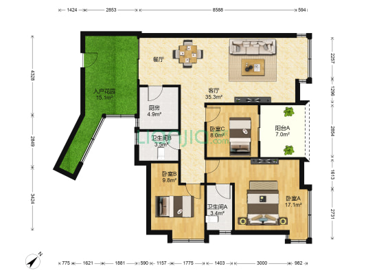 比华利国际城二期 3室1厅2卫 96平方