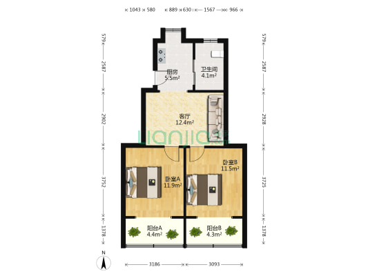 豫章后街 2室1厅1卫 63平方