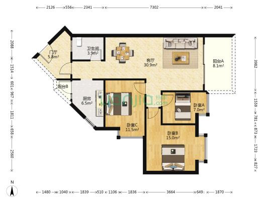 房子正规三房简单装修 看房方便-户型图