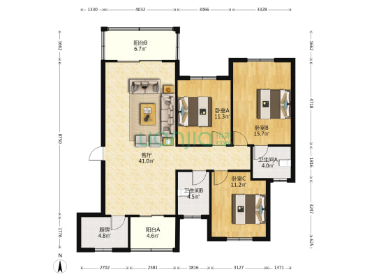 怡景华庭1期 3室1厅2卫 127平方