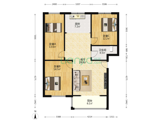 福康苑小区 3室1厅1卫 107平方