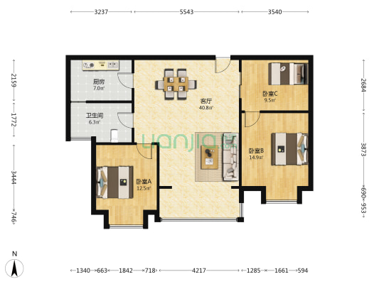 紫薇国际广场B3幢 3室1厅1卫 116平方