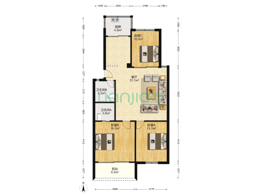 红日花园 3室1厅2卫 111平方