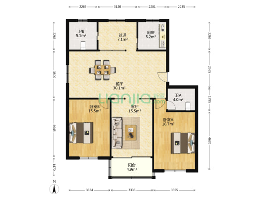 太平南路七号 2室2厅2卫 122平方