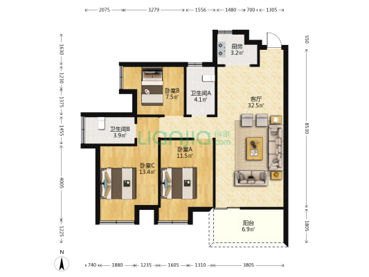 橘子郡毛坯3房2厅2卫，中间楼层，电梯房-户型图