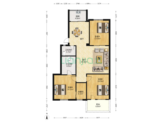 黄金山村 3室1厅2卫 122平方