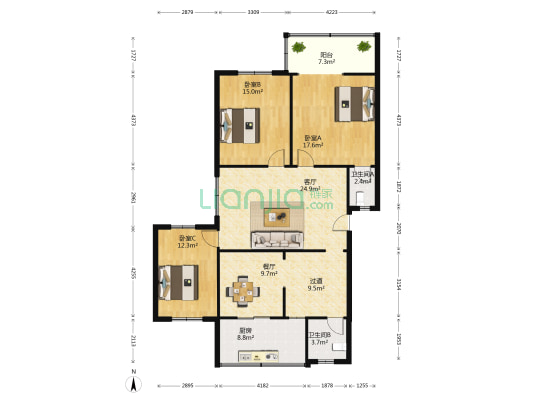 中道街52号院 3室2厅2卫 124平方