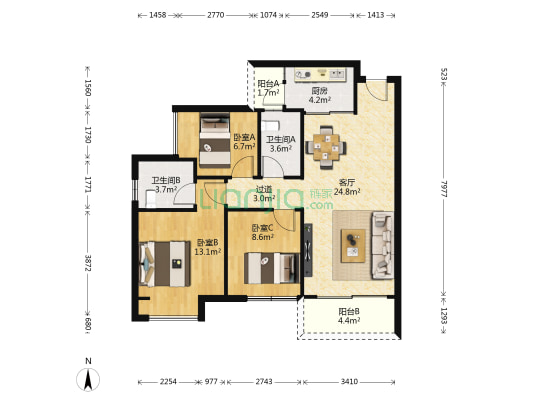 中森公园华府 3室1厅2卫 88平方