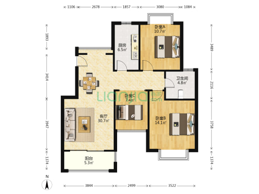 合生御廷园(公寓) 3室1厅1卫 95平方