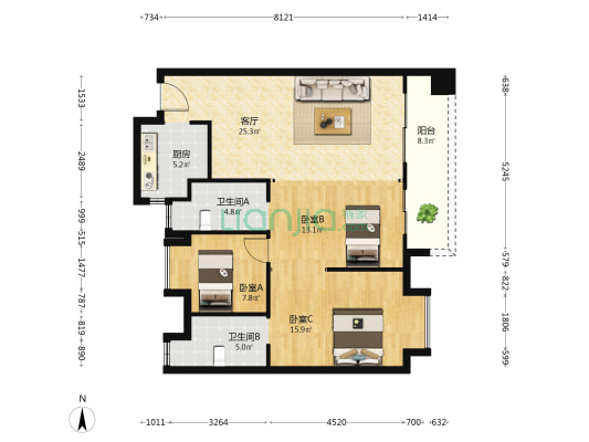 能建长江华府 3室1厅2卫 119平方