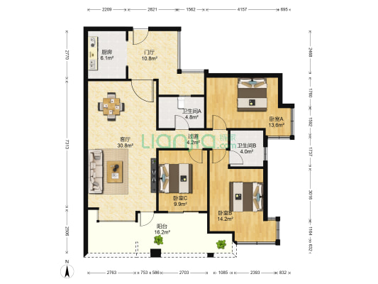 富丽东方 3室1厅2卫 114平方