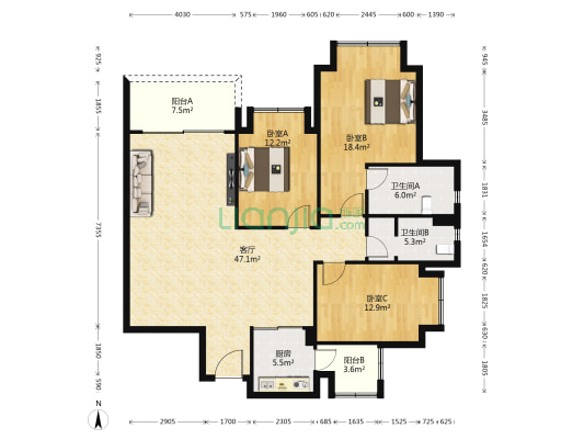卡地亚花园城蔚蓝轩B区 3室1厅2卫 140平方